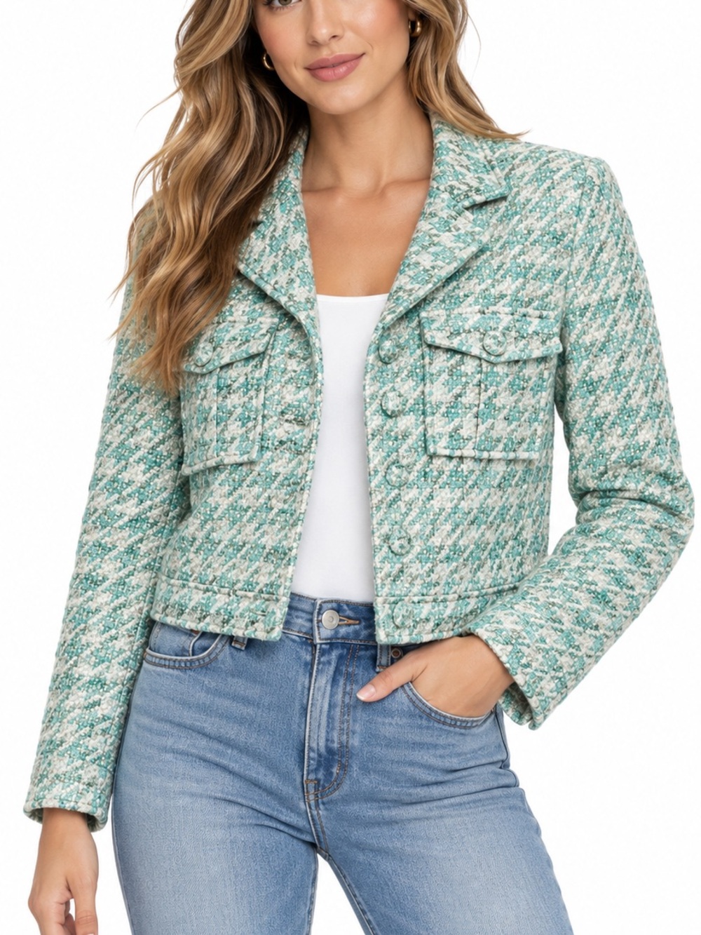 Aqua Cropped Tweed Blazer in Turquoise Green and White Houndstooth, size Large